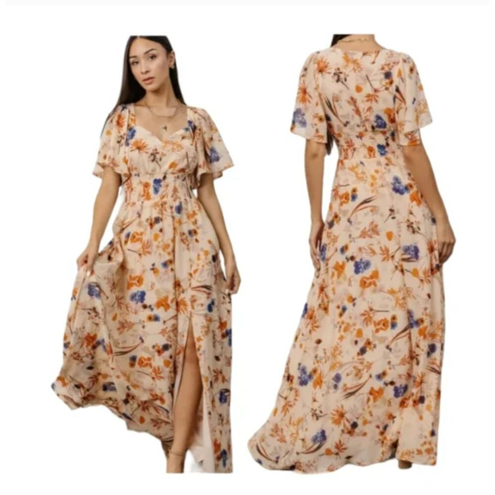 NWT BALTIC BORN April Sweetheart Autumn Bouquet Flutter Sleeve Maxi Dress Size S
